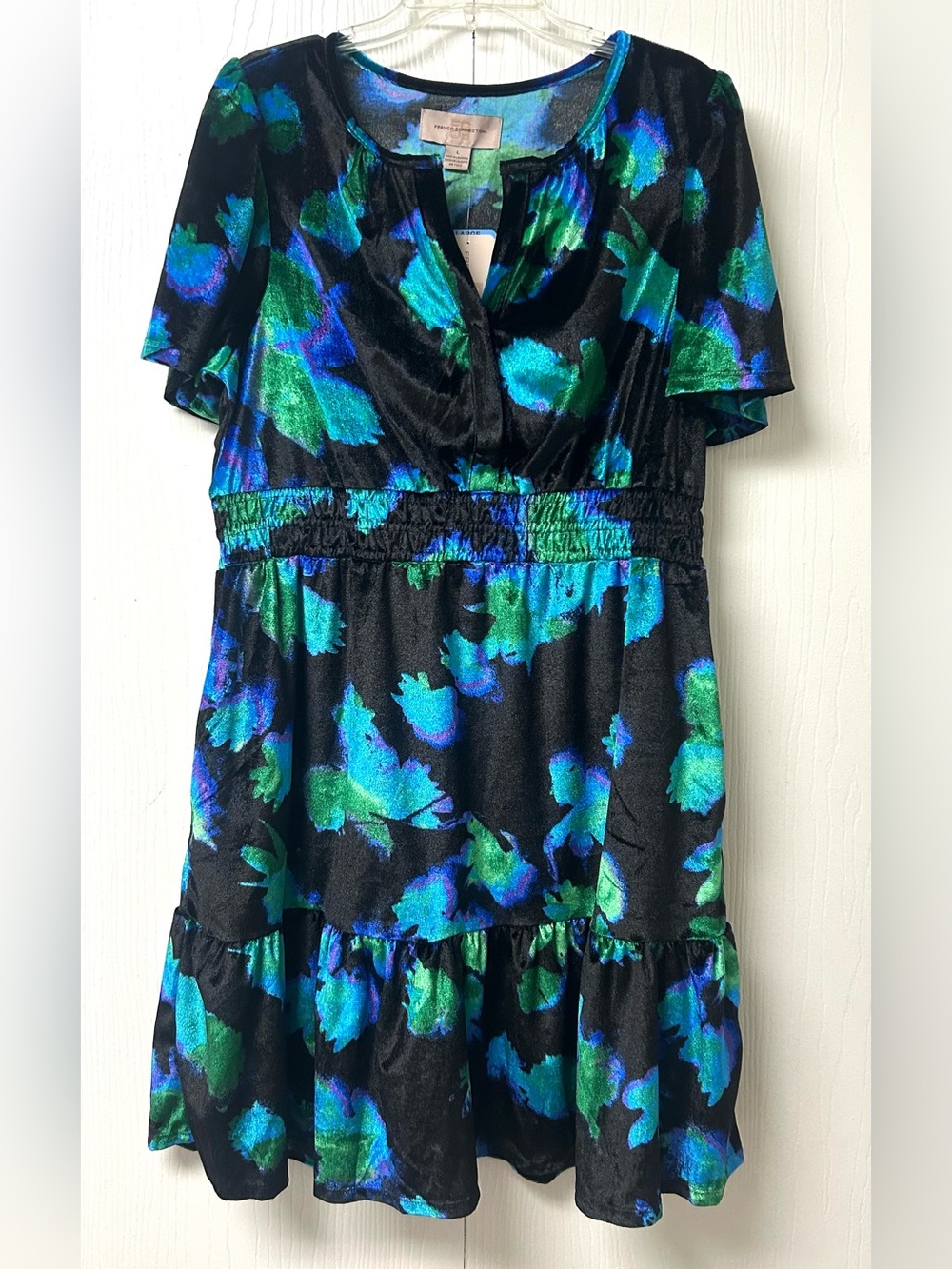 French Connection Black Velvet Dress with Blue and Green Floral Print NWT